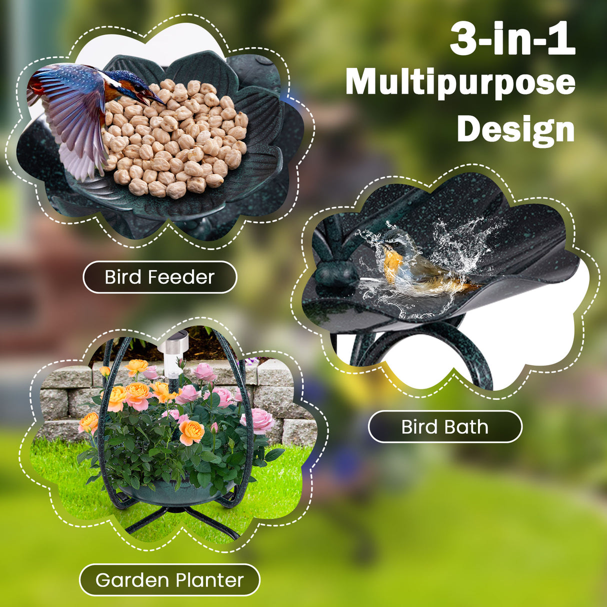 Solar Outdoor Bird Bath Feeder Combo with Flower Planter Pedestal and Solar Lights-Bronze