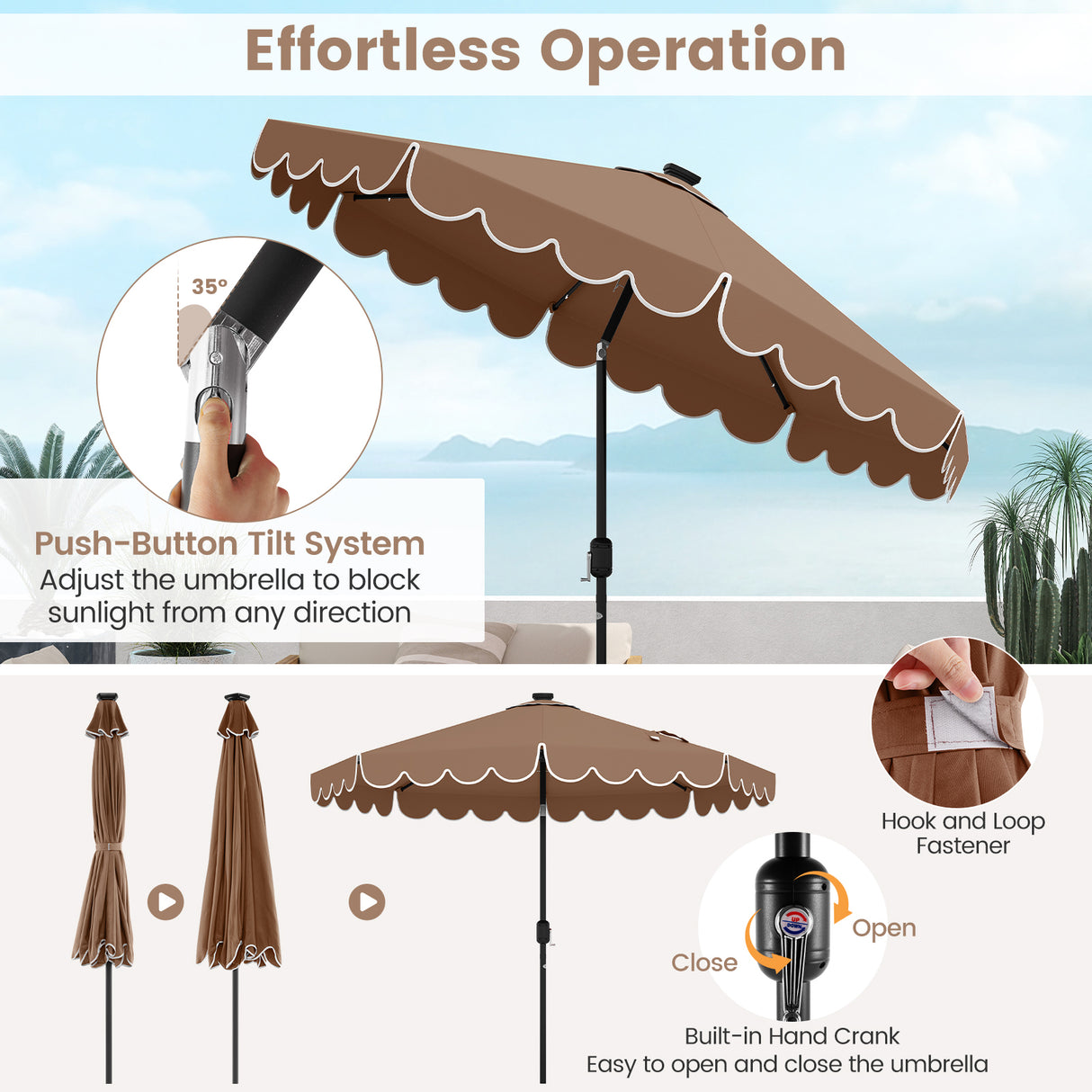 9.3 Feet Solar Patio Umbrella with 24 LED Lights Vented Top and Ruffles-Coffee