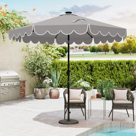 9.3 FT Solar Patio Umbrella with 24 LED Lights Vented Top and Ruffles-Gray
