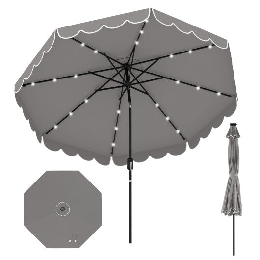 9.3 FT Solar Patio Umbrella with 24 LED Lights Vented Top and Ruffles-Gray
