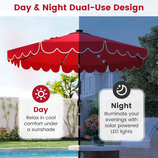 9.3 Feet Solar Patio Umbrella with 24 LED Lights Vented Top and Ruffles-Red