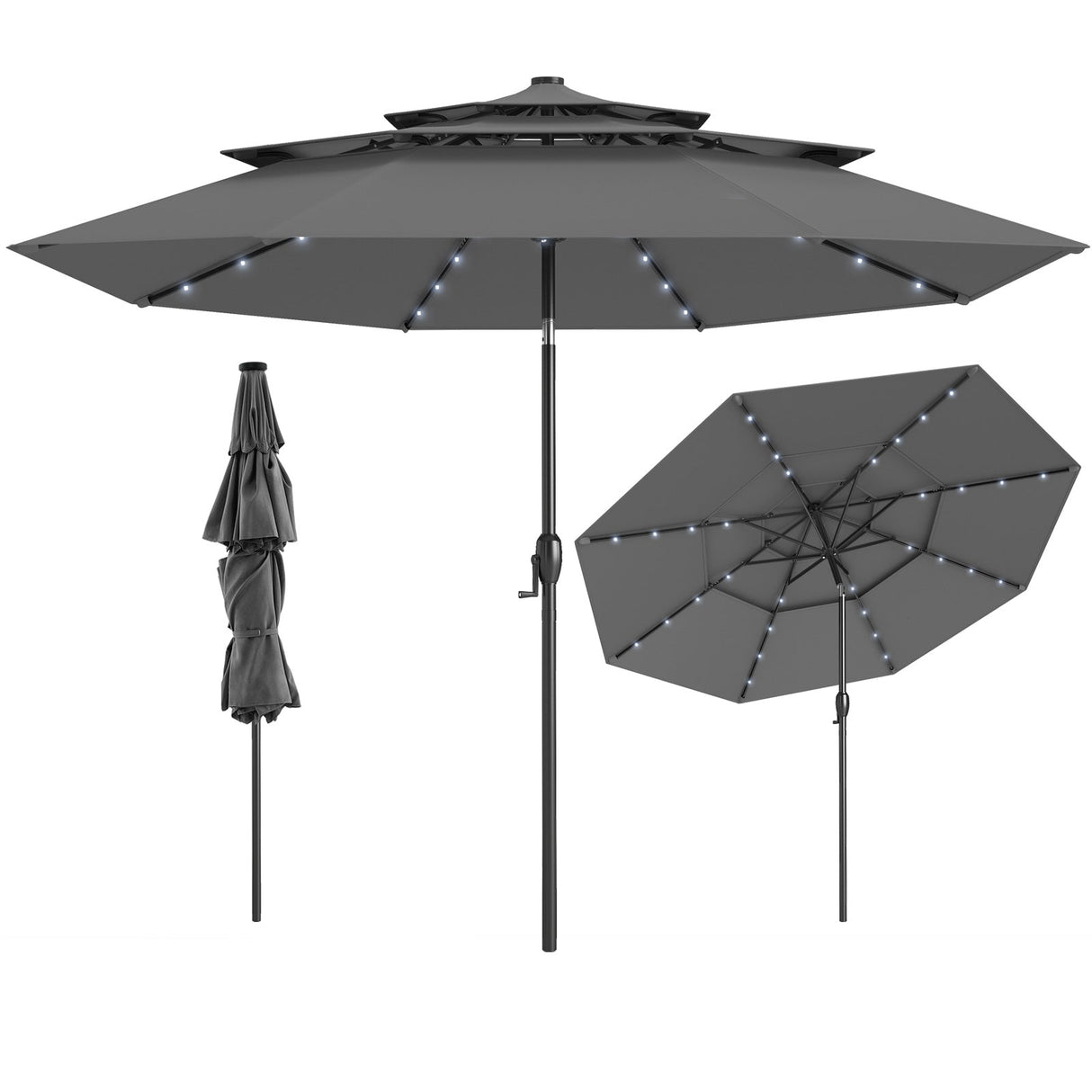 10 Feet Solar Patio Umbrella with 32 LED Lights 3-Tier Vented Top-Gray by DirectDeals