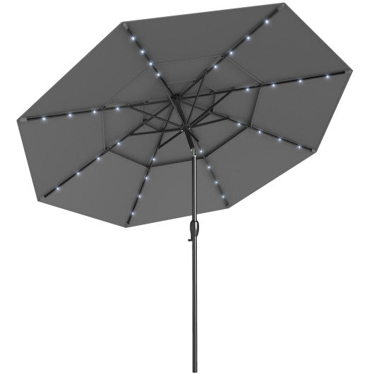 10 Feet Solar Patio Umbrella with 32 LED Lights 3-Tier Vented Top-Gray