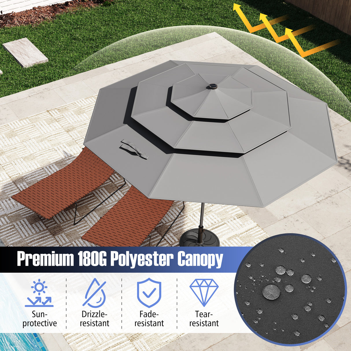 10 Feet Solar Patio Umbrella with 32 LED Lights 3-Tier Vented Top-Gray
