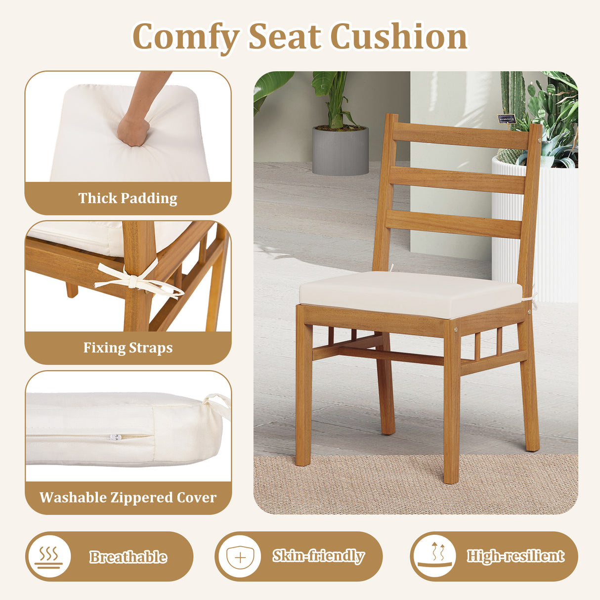 Solid Acacia Wood Patio Chair Set of 2 Armless Chair-White