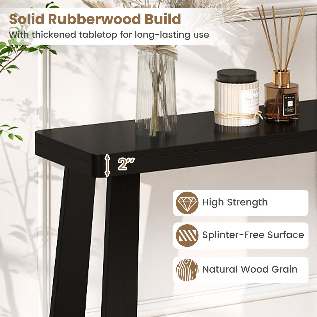 Solid Rubber Wood Console Table 43inch Narrow Entryway Table with Thick Tabletop and Stable Base-Black