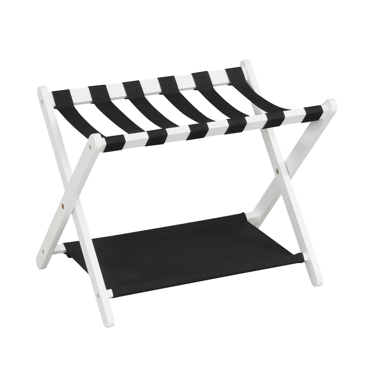 Solid Rubberwood Folding Luggage Rack with Nylon Shelves-White