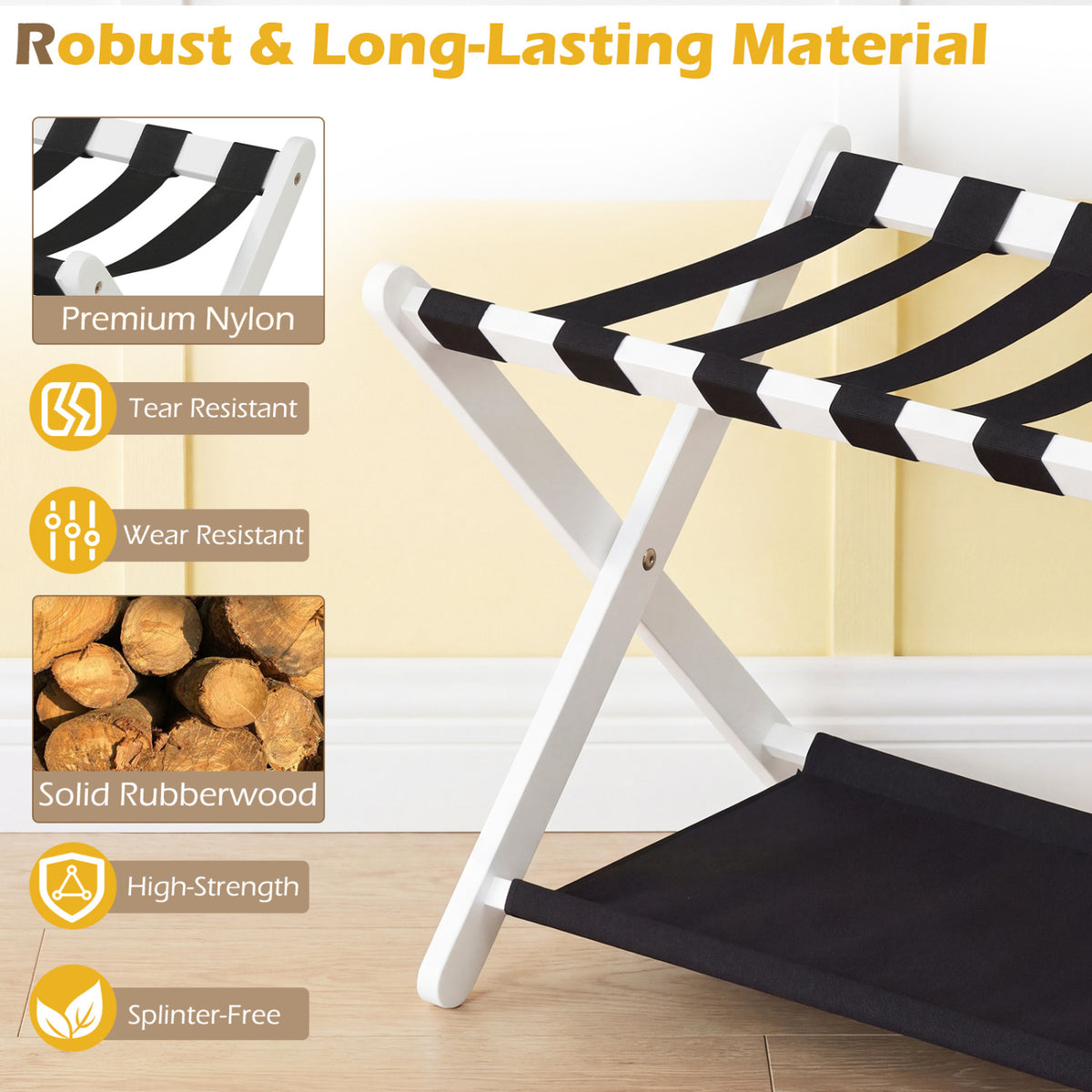 Solid Rubberwood Folding Luggage Rack with Nylon Shelves-White