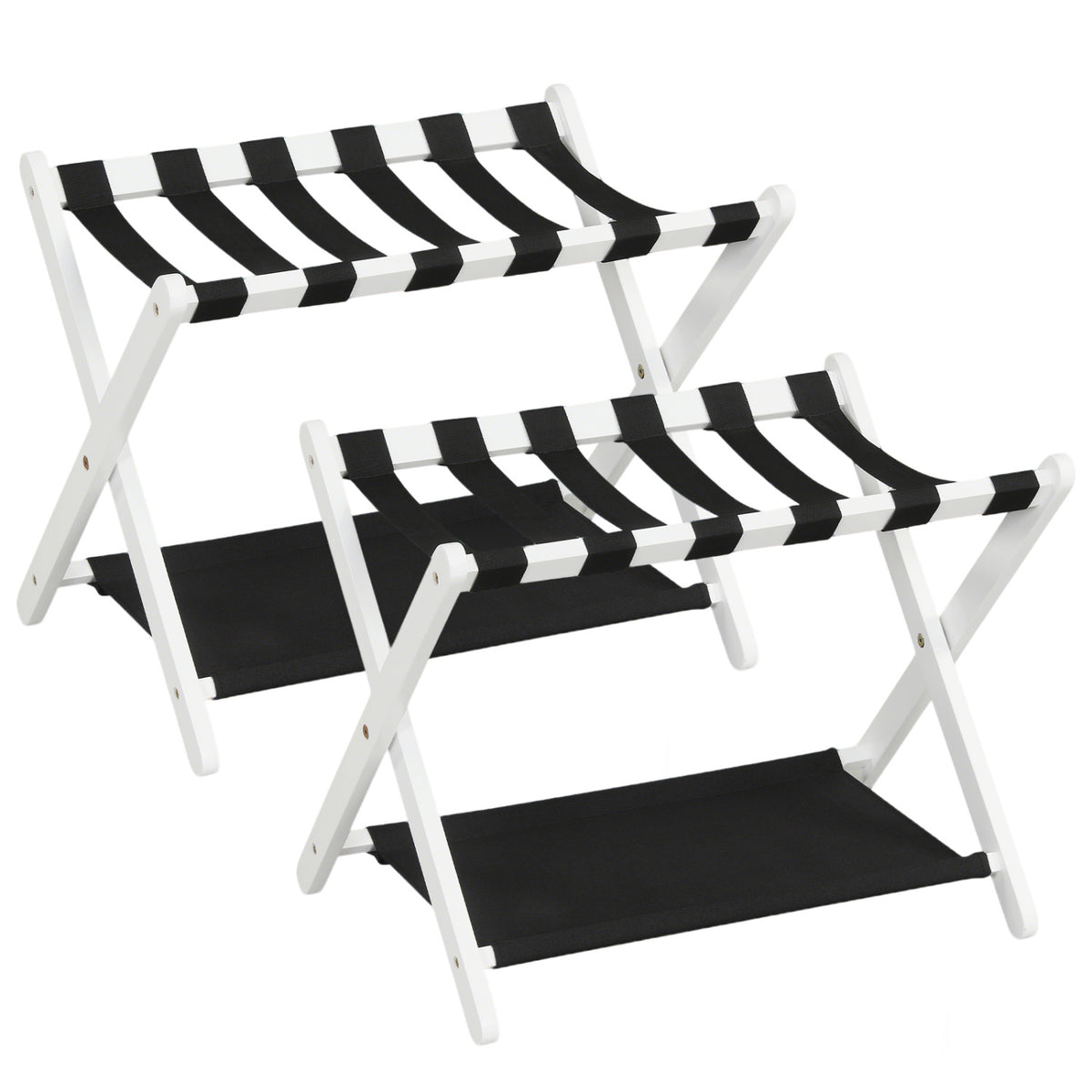 Solid Rubberwood Folding Luggage Rack with Nylon Shelves Set of 2-White