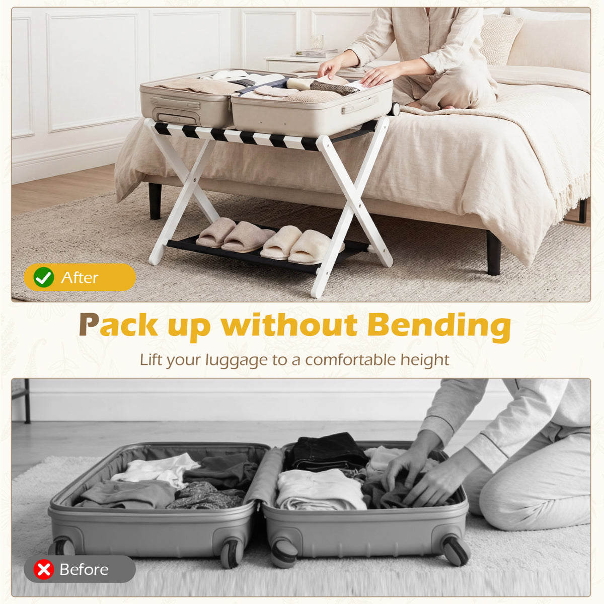Solid Rubberwood Folding Luggage Rack with Nylon Shelves Set of 2-White