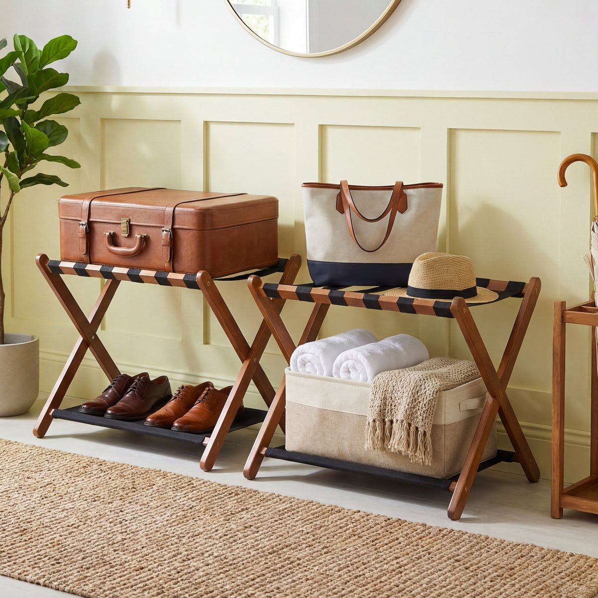 Solid Rubberwood Folding Luggage Rack with Nylon Shelves Set of 2-Brown