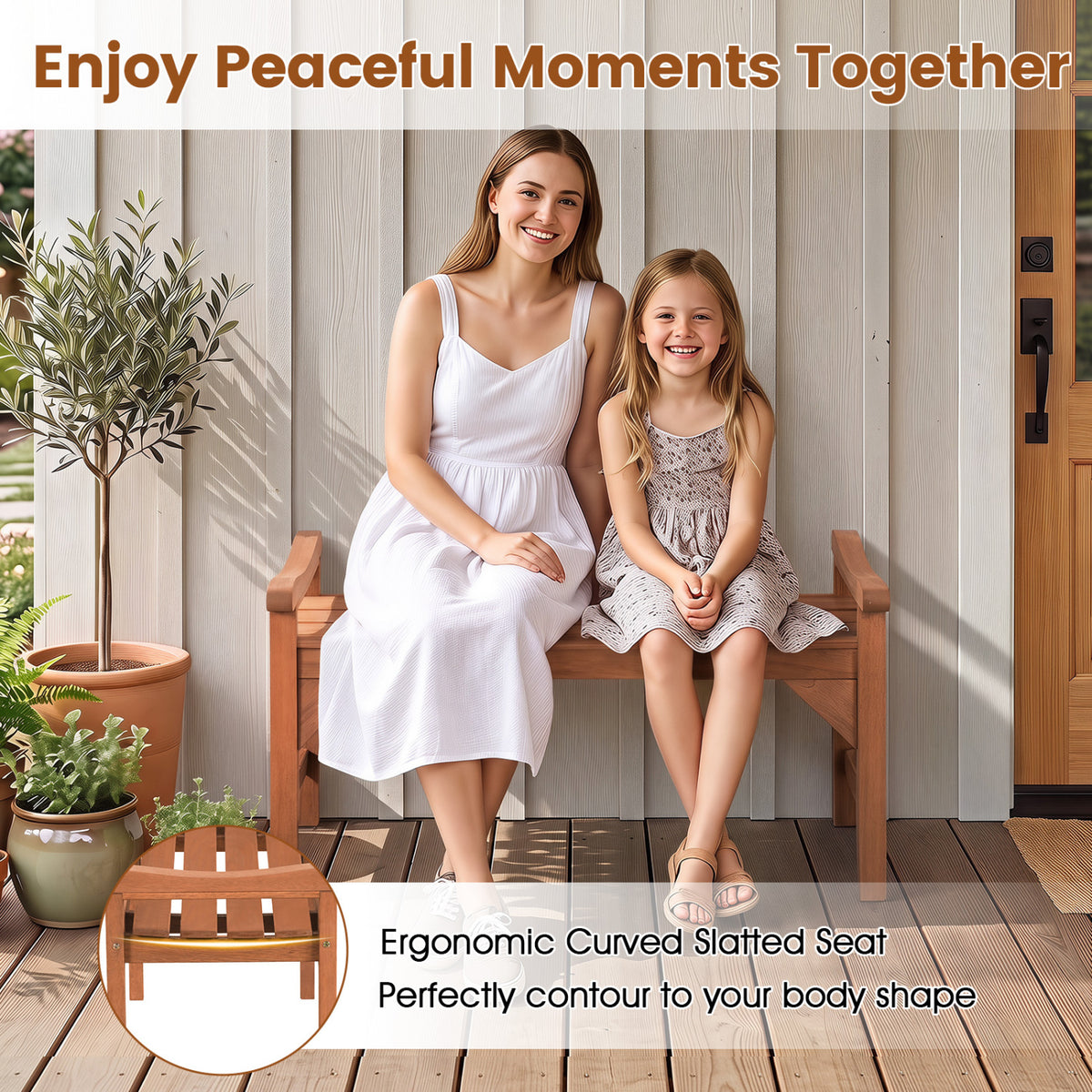 Solid Wood Backless Garden Bench with Support Handles and Curved Slatted Seat for Deck