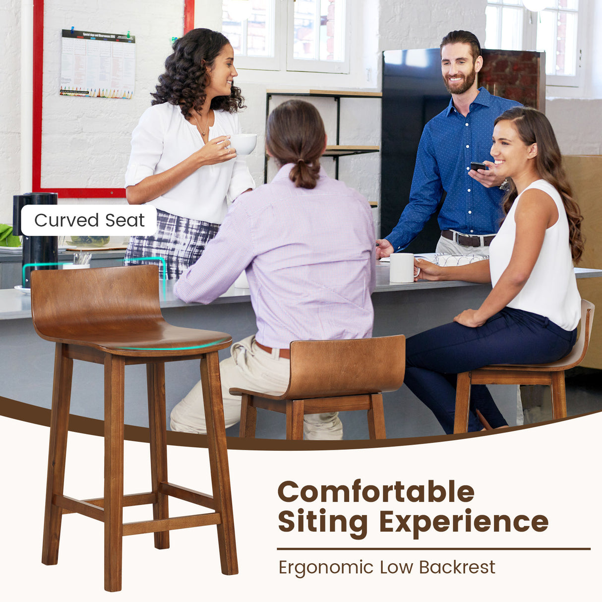 Wood Bar Stools Set of 2 with Solid Back and Seat-Brown