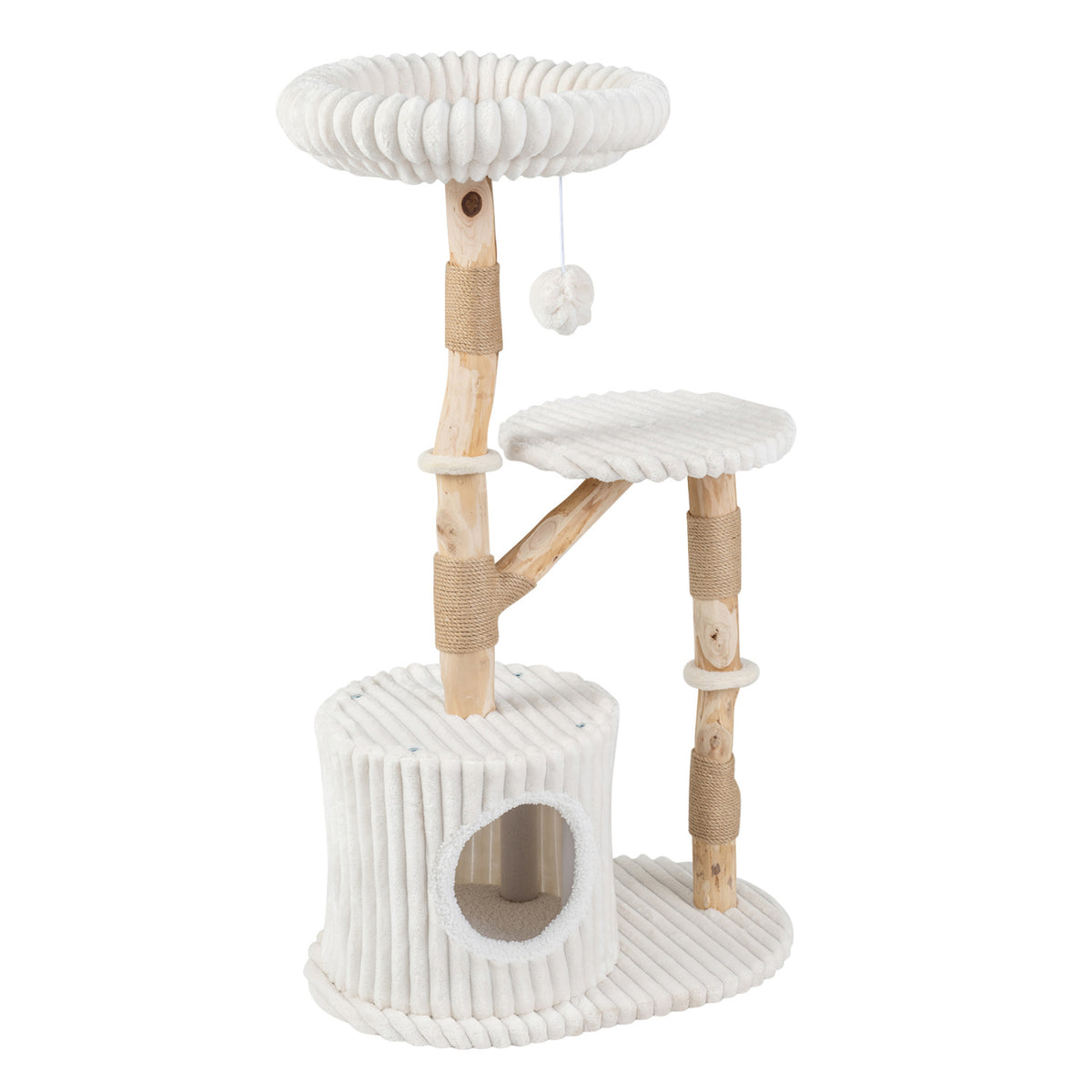 Solid Wood Cat Tree 41 Inch with Real Branches & Scratching Posts and Cozy Bed-Beige
