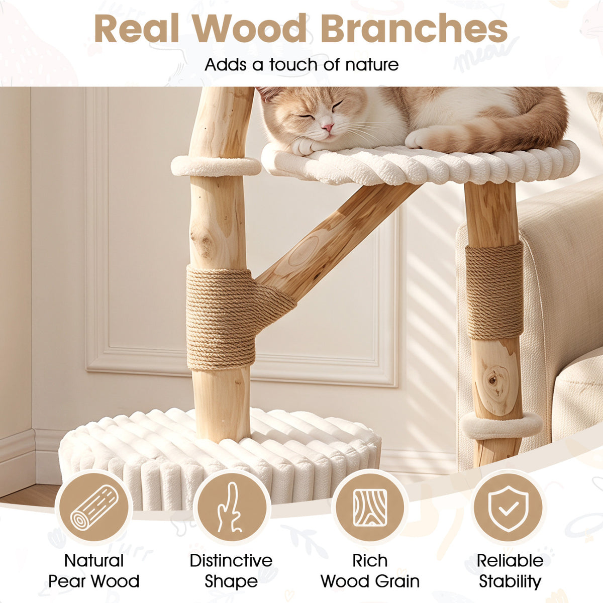 Solid Wood Cat Tree 41 Inch with Real Branches & Scratching Posts and Cozy Bed-Beige