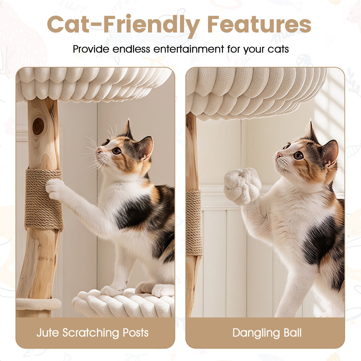 Solid Wood Cat Tree 41 Inch with Real Branches & Scratching Posts and Cozy Bed-Beige