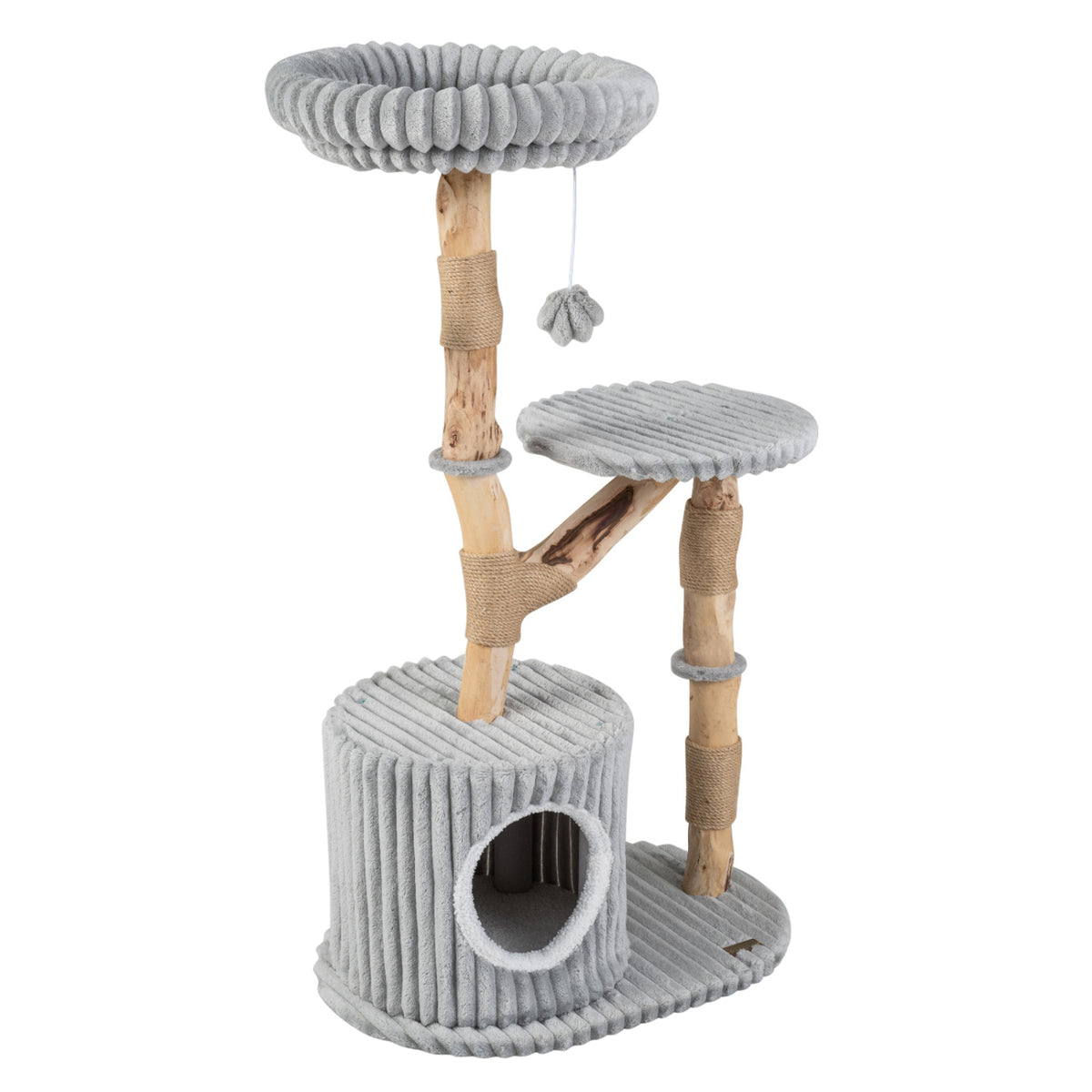 Solid Wood Cat Tree 41 Inch with Real Branches & Scratching Posts and Cozy Bed-Gray