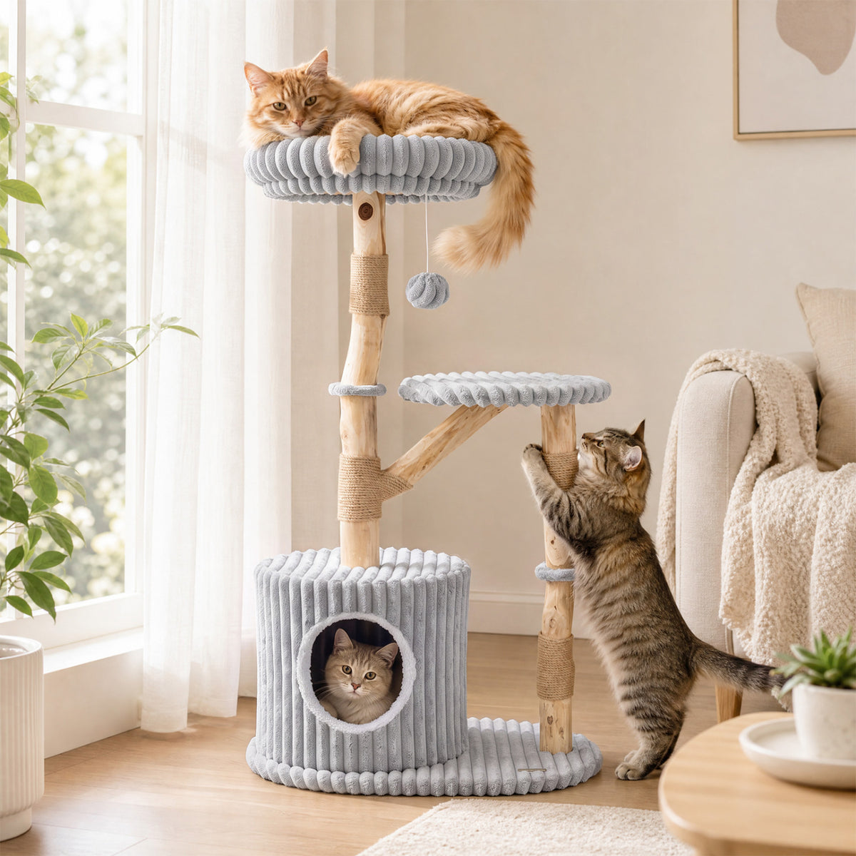 Solid Wood Cat Tree 41 Inch with Real Branches & Scratching Posts and Cozy Bed-Gray