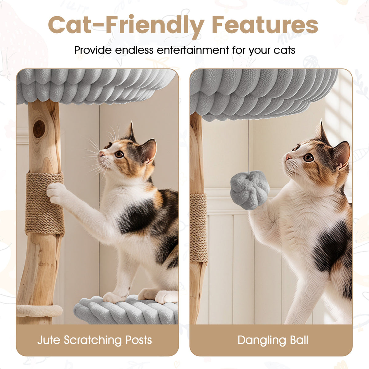 Solid Wood Cat Tree 41 Inch with Real Branches & Scratching Posts and Cozy Bed-Gray