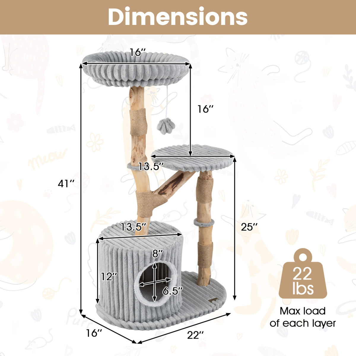 Solid Wood Cat Tree 41 Inch with Real Branches & Scratching Posts and Cozy Bed-Gray