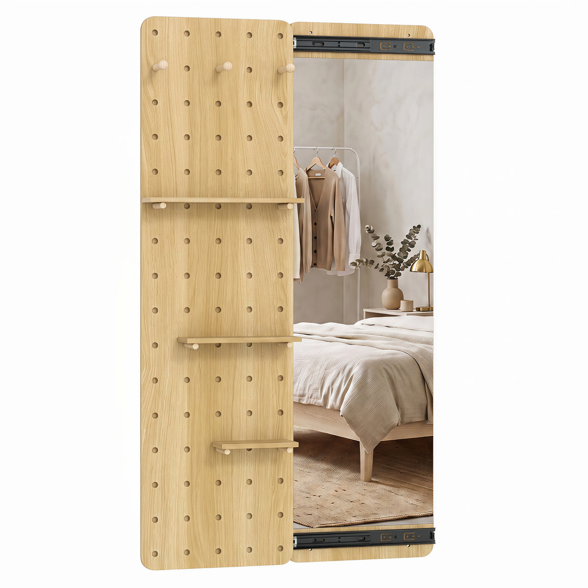 Solid Wood Full Length Mirror with Pegboard & Shelves and Hooks for Entryway-Natural