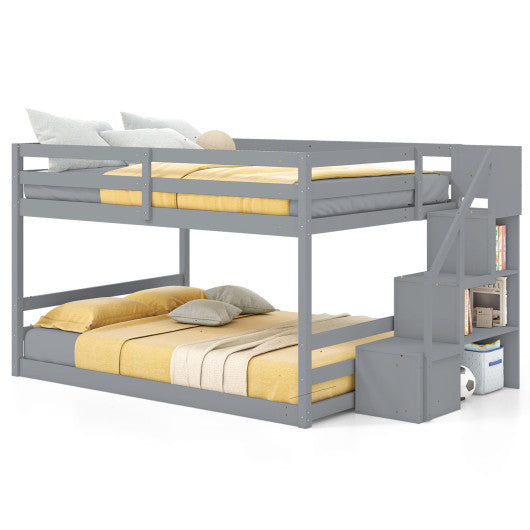 Solid Wood Full Over Full Low Bunk Bed with Storage Stairs-Gray