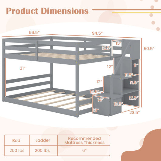 Solid Wood Full Over Full Low Bunk Bed with Storage Stairs-Gray