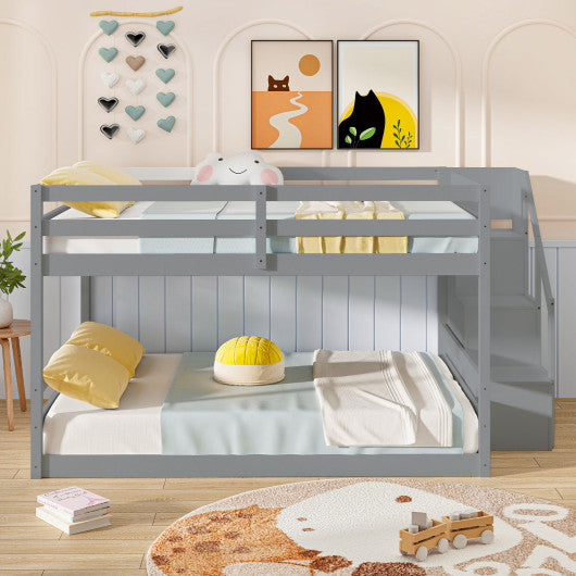Solid Wood Full Over Full Low Bunk Bed with Storage Stairs-Gray