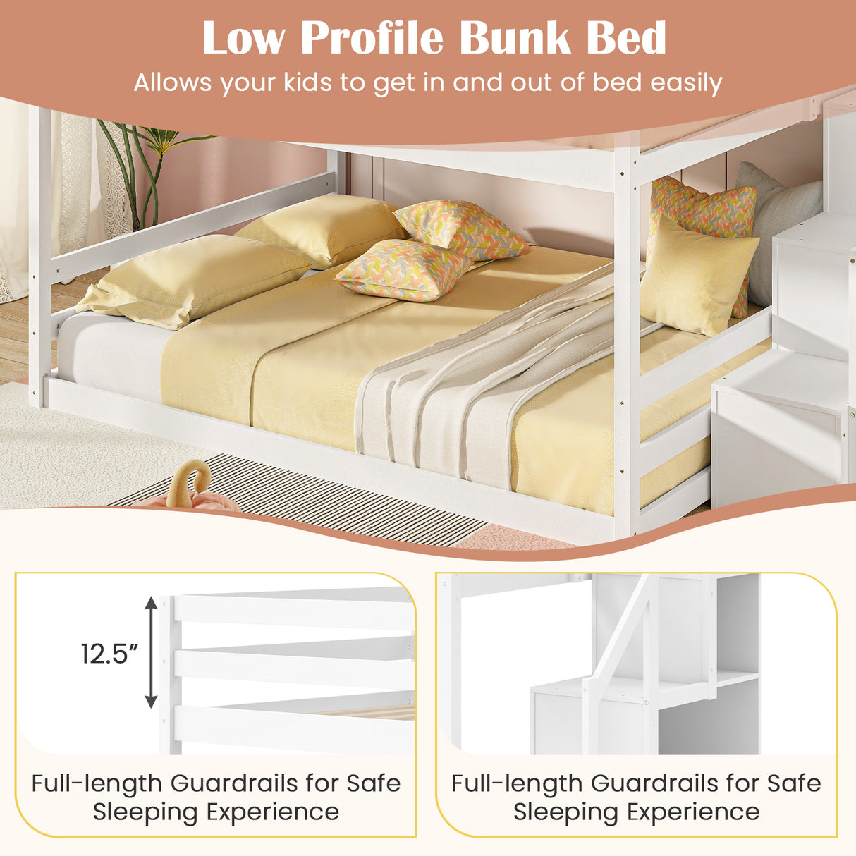 Solid Wood Full Over Full Low Bunk Bed with Storage Stairs-White