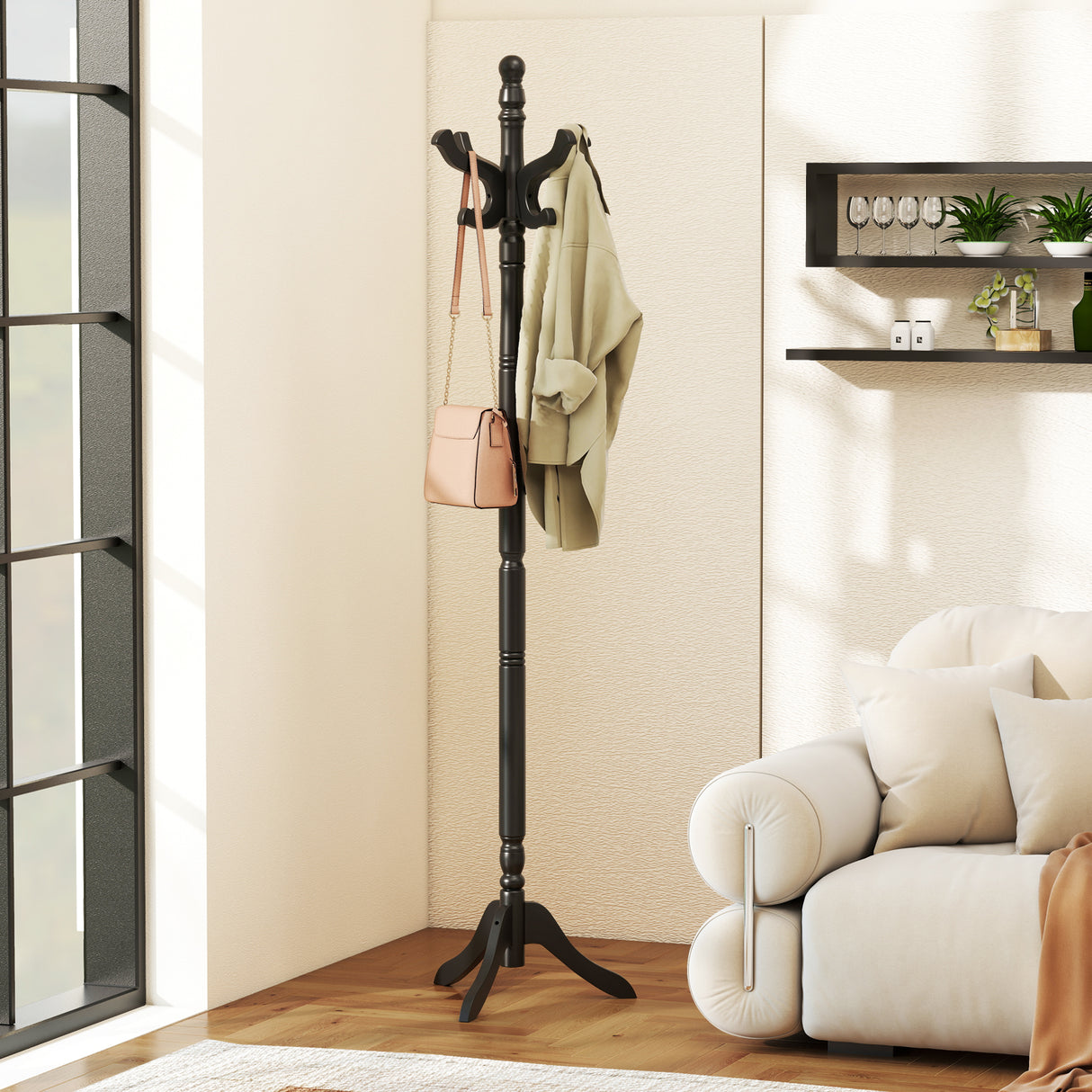 Solid Wood Hall Tree with 11 Hooks and 3 Height Options for Entryway-Black