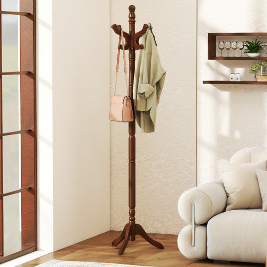 Solid Wood Hall Tree with 11 Hooks and 3 Height Options for Entryway-Brown