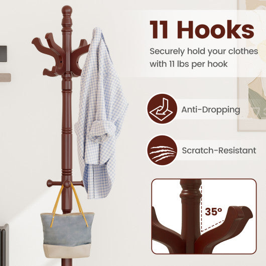 Solid Wood Hall Tree with 11 Hooks and 3 Height Options for Entryway-Black