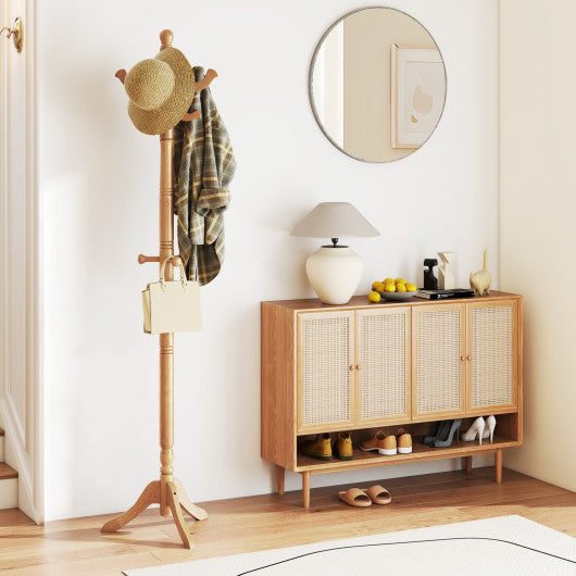 Solid Wood Hall Tree with 11 Hooks and 3 Height Options for Entryway-Natural