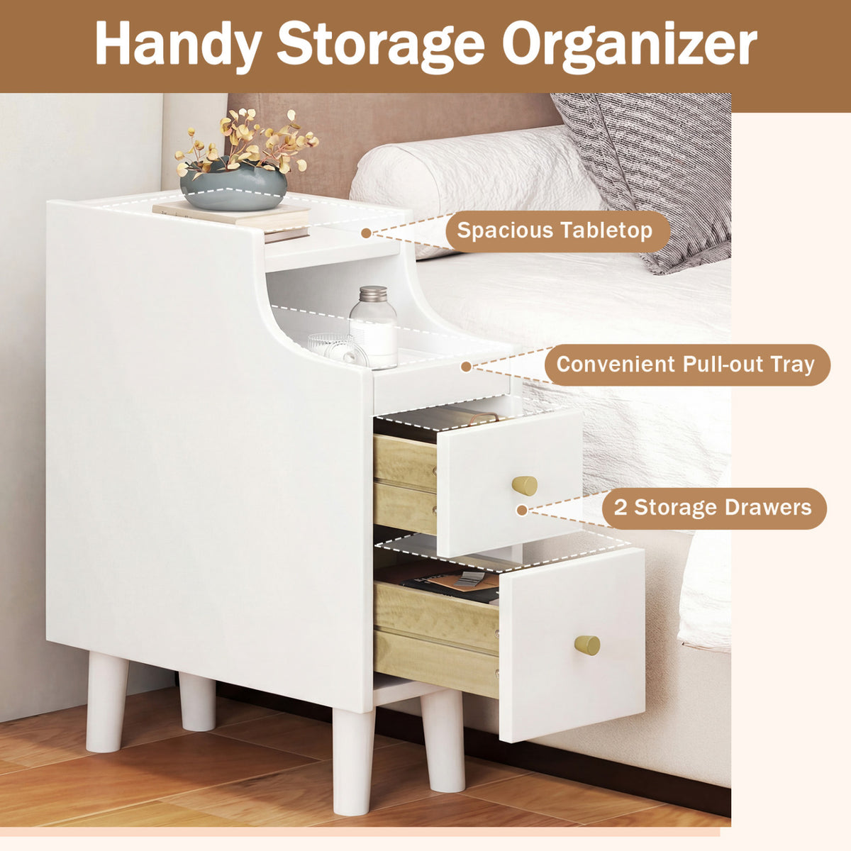 Solid Wood Night Side Table Narrow Bedside Table Nightstand with Pull-out Tray and 2 Storage Drawers-White