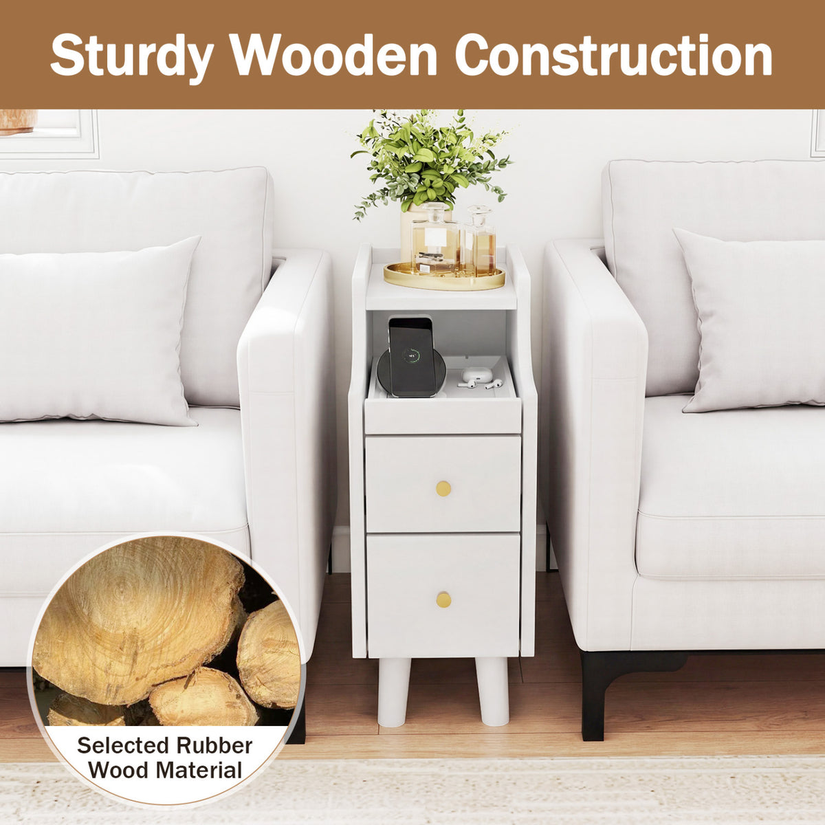 Solid Wood Night Side Table Narrow Bedside Table Nightstand with Pull-out Tray and 2 Storage Drawers-White