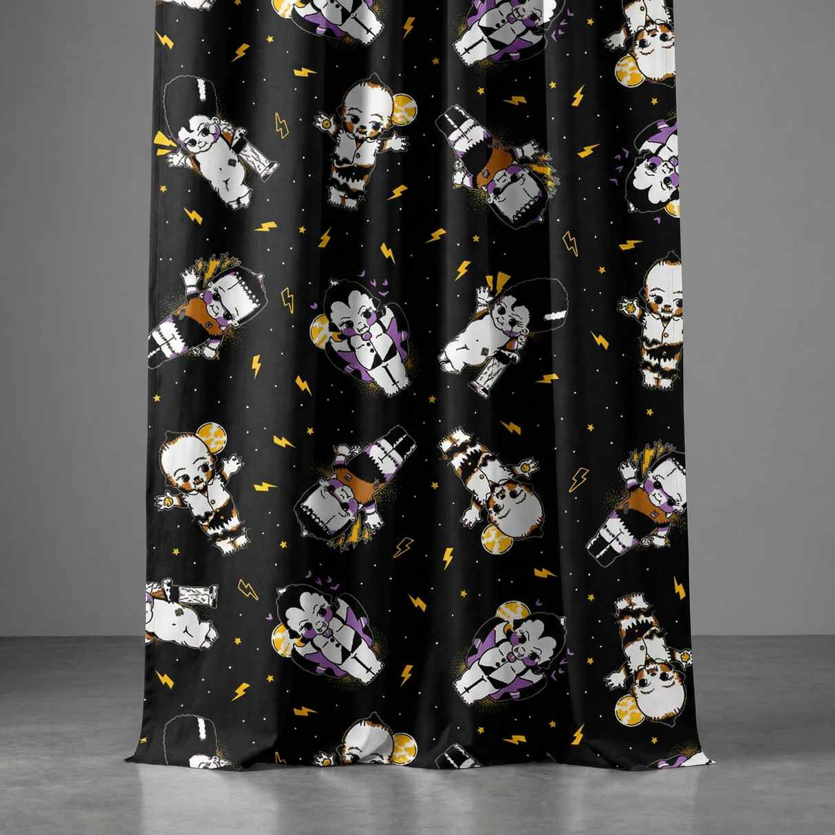Sourpuss Kewpie Monsters Shower Curtain | Frankenstein Dracula Werewolf Polyester Bathroom Decor