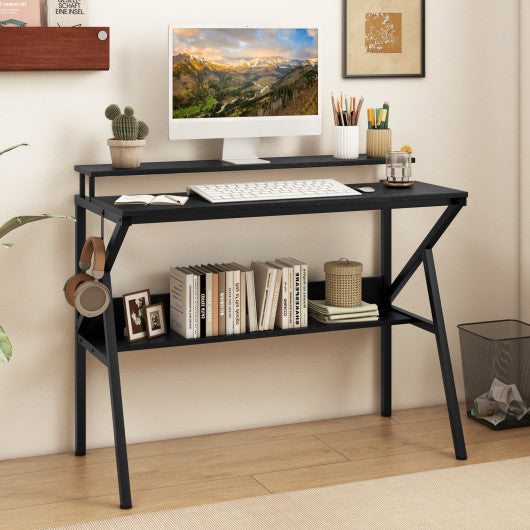 Space Saving Computer Desk with Monitor Stand and Extra Storage Shelf for Work Study-Black