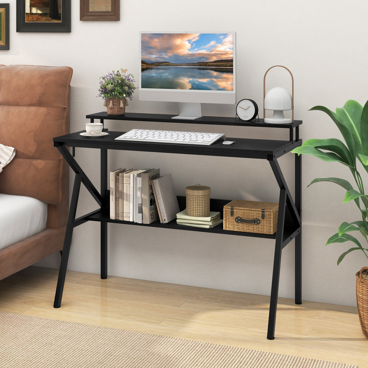 Space Saving Computer Desk with Monitor Stand and Extra Storage Shelf for Work Study-Black
