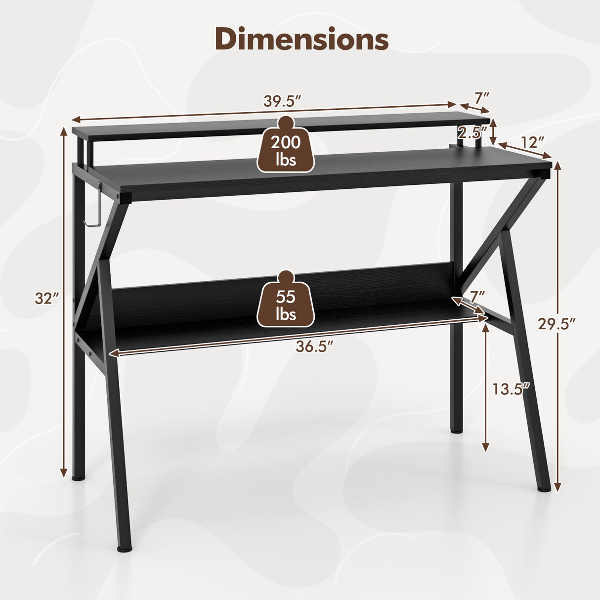 Space Saving Computer Desk with Monitor Stand and Extra Storage Shelf for Work Study-Black