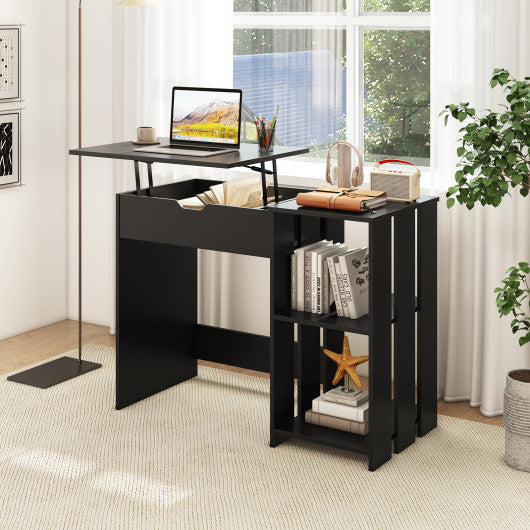 Space Saving Computer Desk with Hidden Compartment and Open Storage Shelves-Black