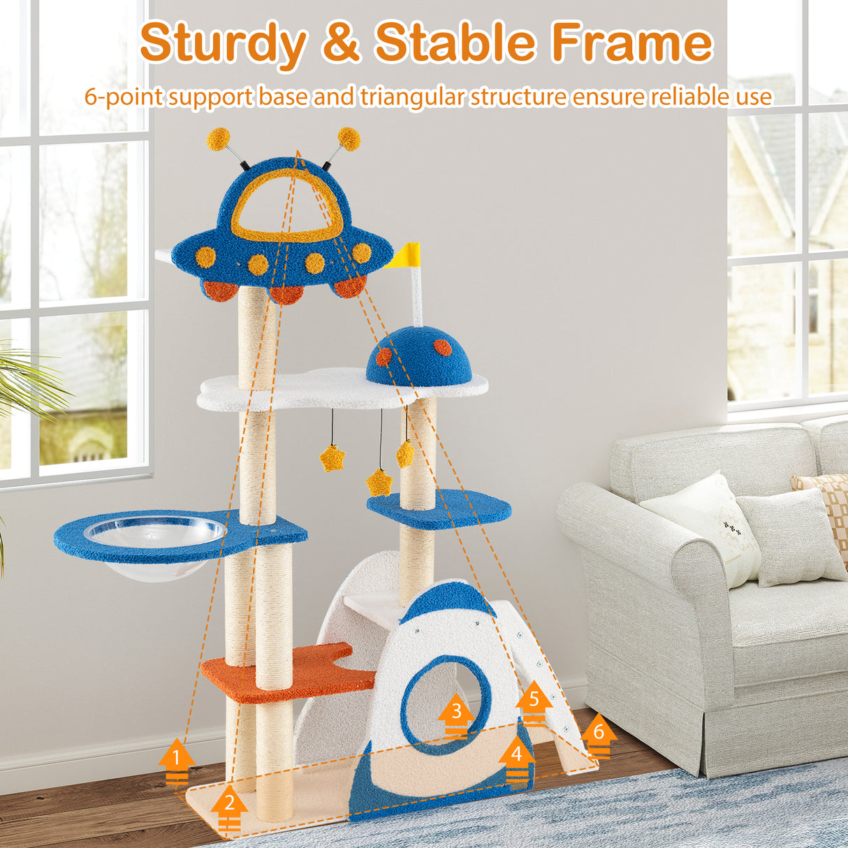 Space Theme Cat Tree Multi-level Cat Tower with Sisal Covered Scratching Posts-Multicolor