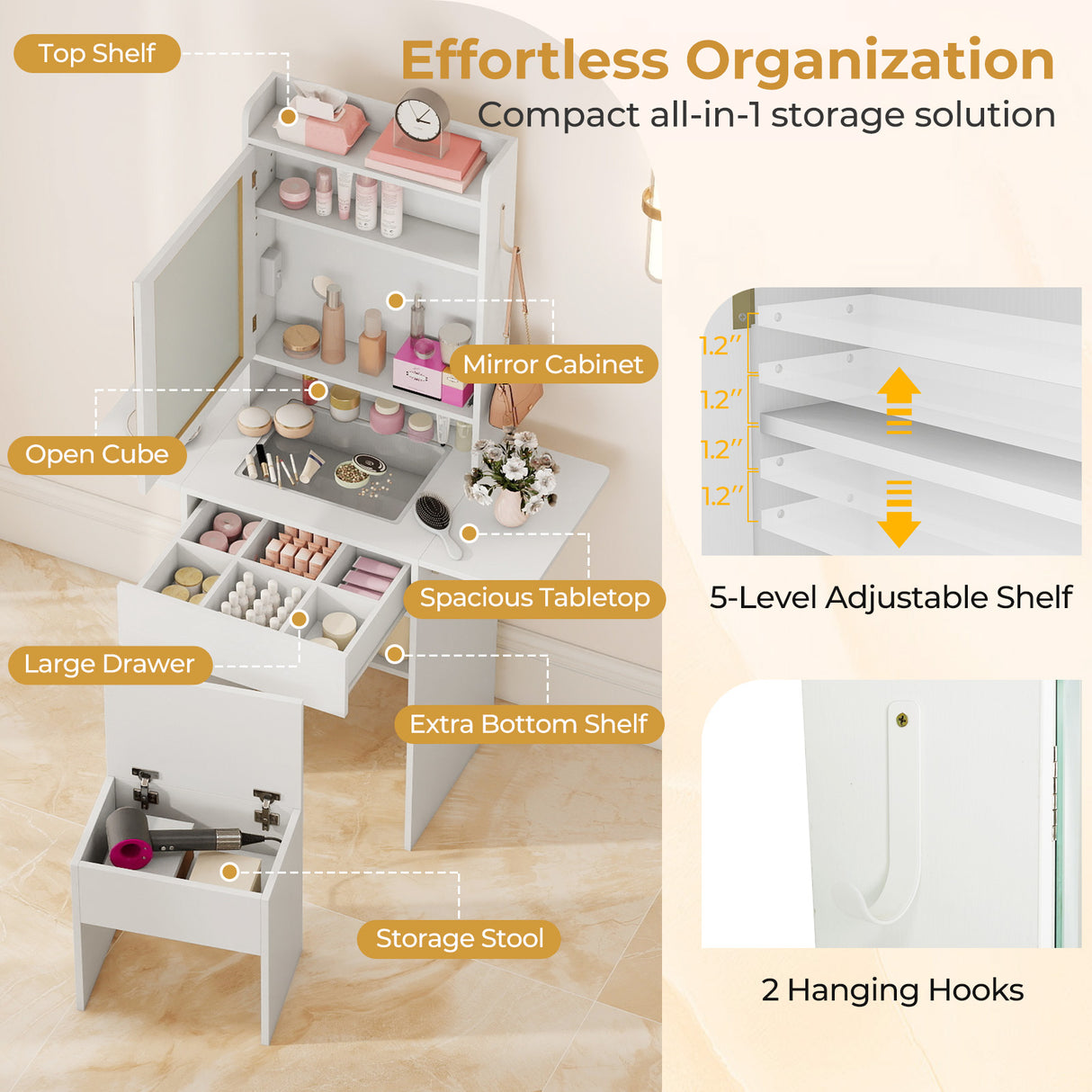 Space-saving Vanity Desk with Mirror and Lights for Bedroom-White