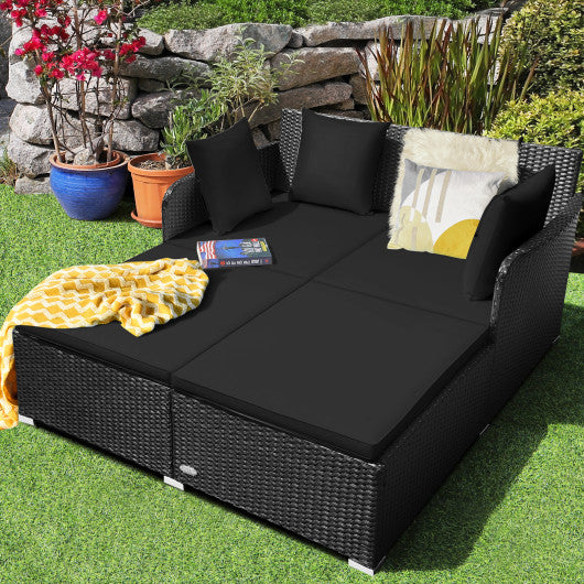 Spacious Outdoor Rattan Daybed with Upholstered Cushions and Pillows-Black