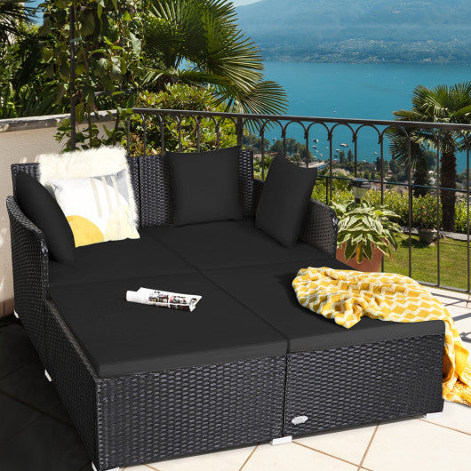 Spacious Outdoor Rattan Daybed with Upholstered Cushions and Pillows-Black