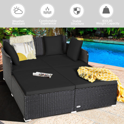 Spacious Outdoor Rattan Daybed with Upholstered Cushions and Pillows-Black