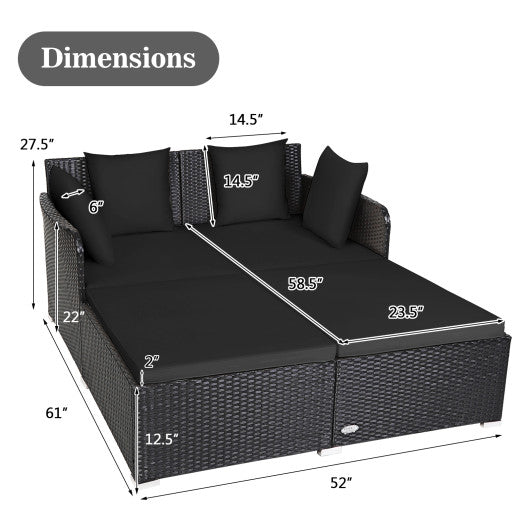 Spacious Outdoor Rattan Daybed with Upholstered Cushions and Pillows-Black