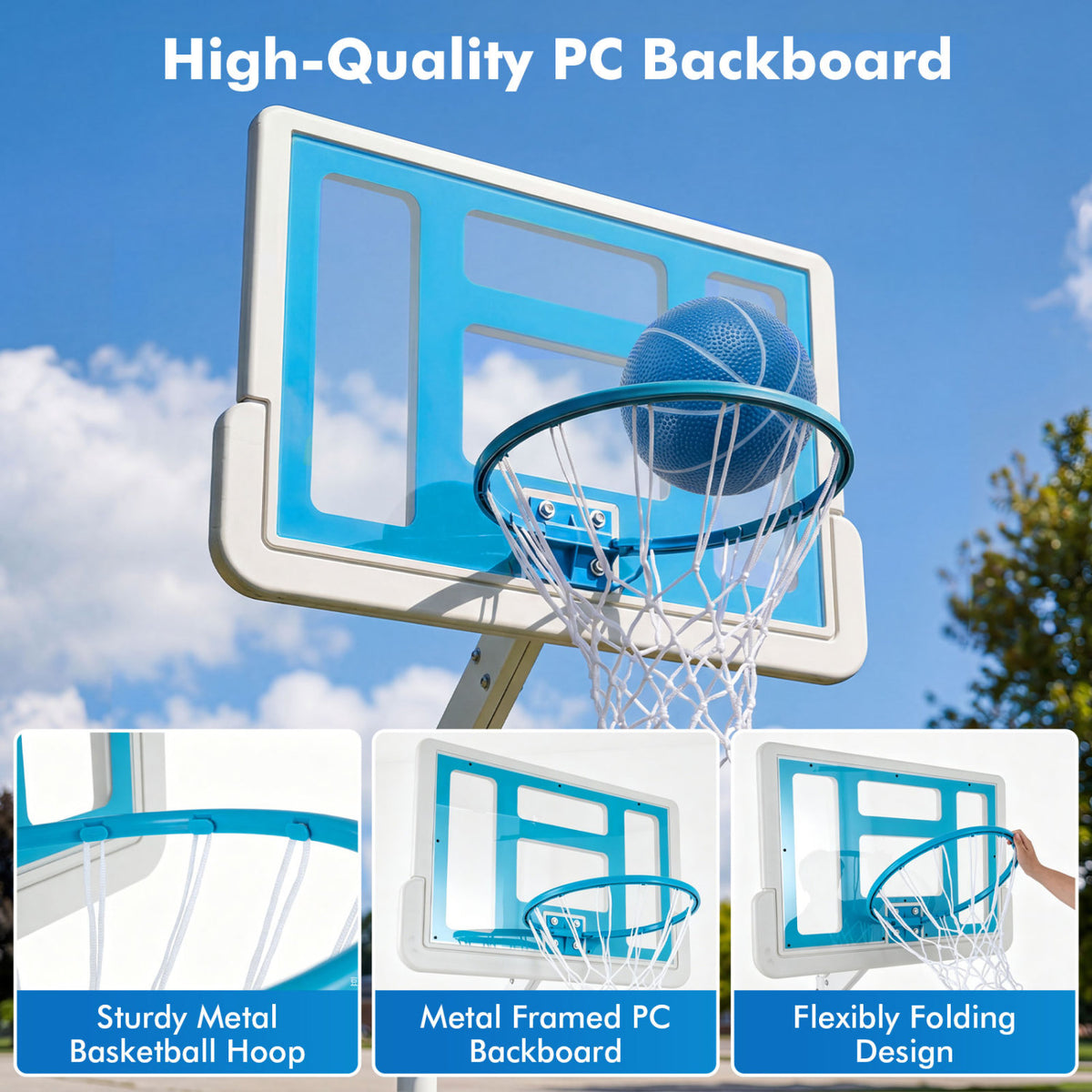 Splash & Shoot Pool Basketball Hoop with Adjustable Height & 2 Balls and Pump-Blue