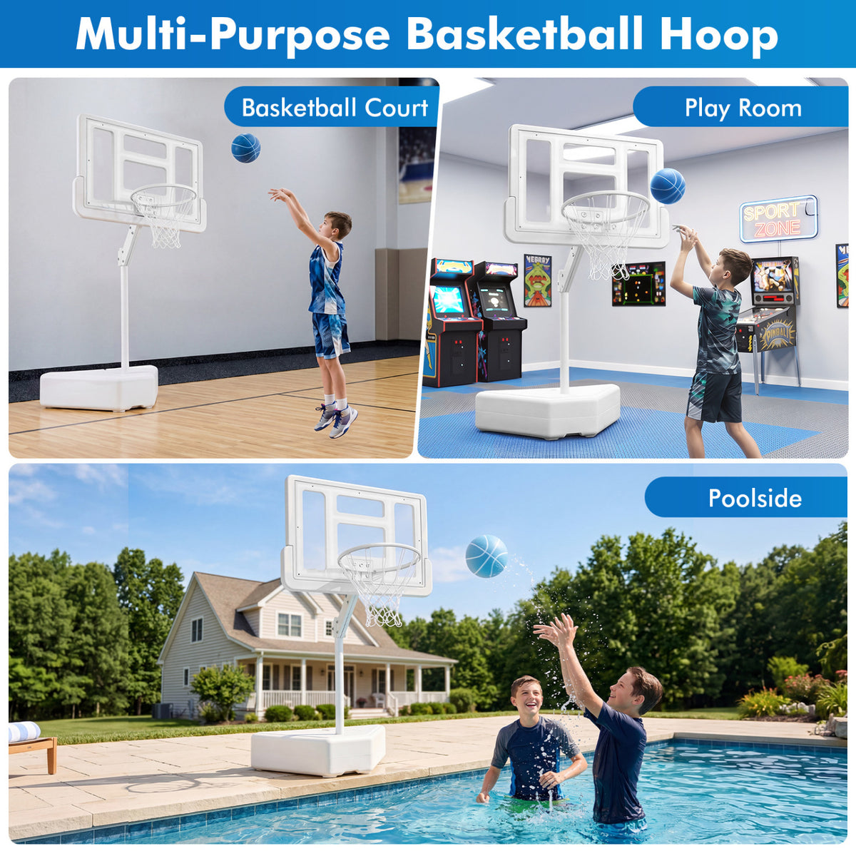 Splash & Shoot Pool Basketball Hoop with Adjustable Height & 2 Balls and Pump-White