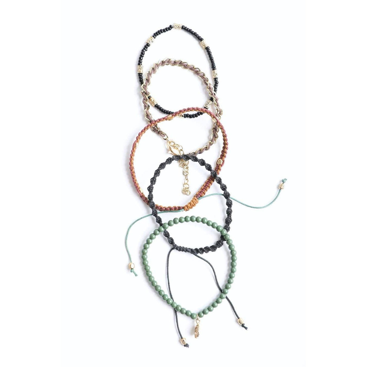Stackable Bead and Woven Cord Stack of 5 Bracelets | Cute & Trendy Adjustable Stacked Fashion Jewelry