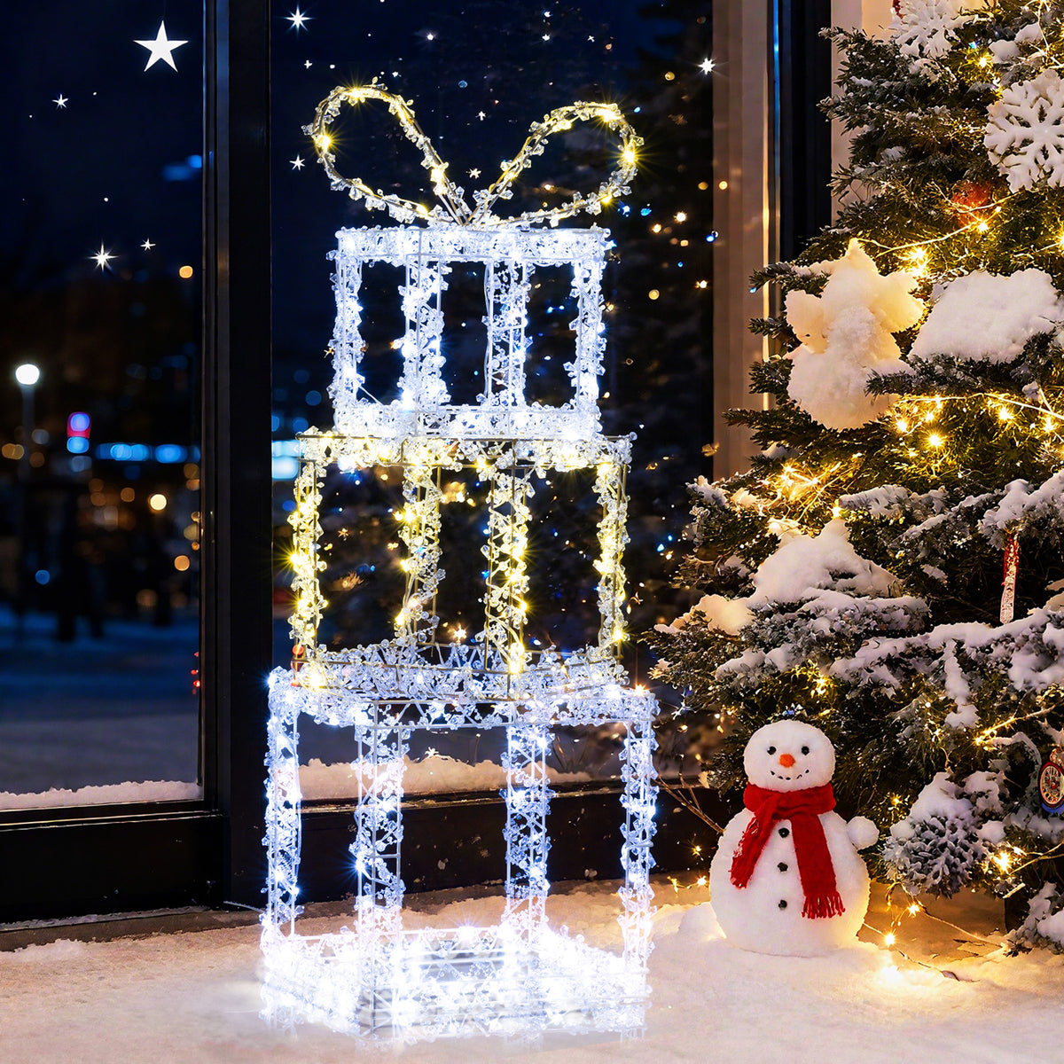 Stacked Lighted Gift Boxes Set of 3 Pre-Lit Christmas Present Box Lights